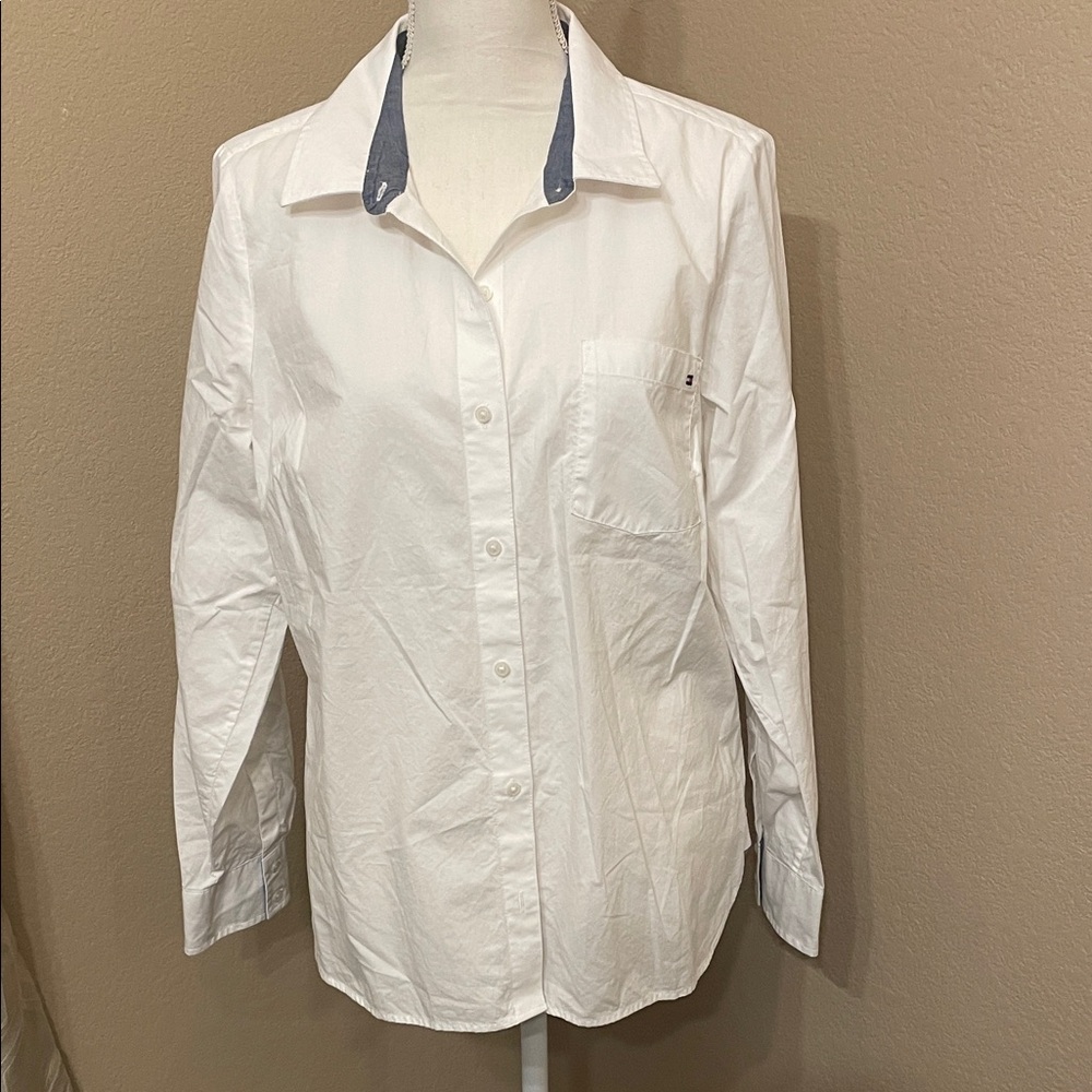 New Tommy Hilfiger White Button-Up Roll Tab Shirt Large